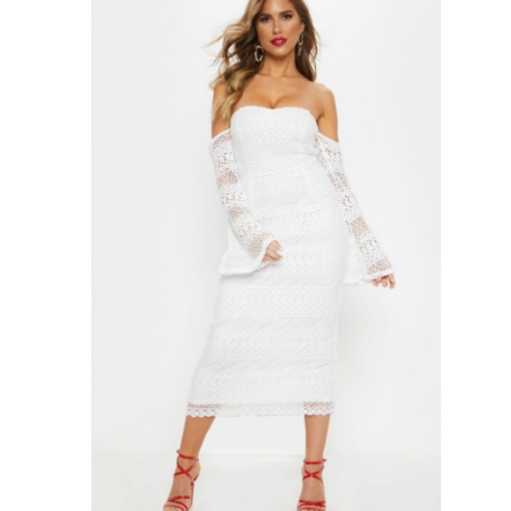 White Lace Bardot Bell Sleeve Midi Dress